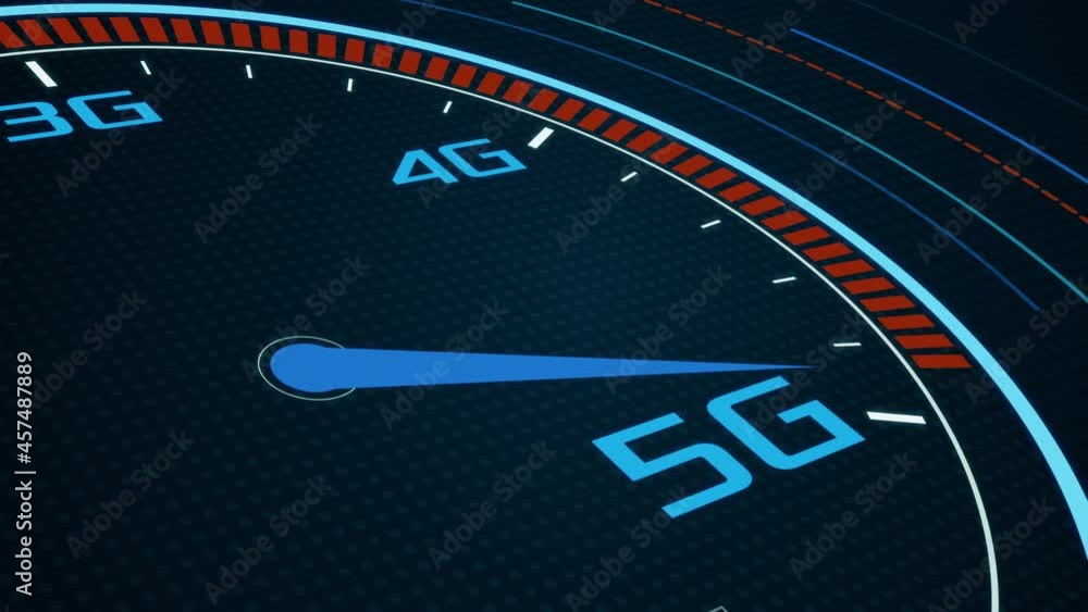 Poster speedometer with the pointer on 5g technology, concept of fast mobile network, iot (3d render)