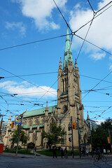 Obraz premium Church and electric wires. Toronto, Canada.