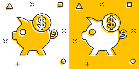 Money box icon in comic style. Pig container cartoon vector illustration on white isolated background. Piggy bank splash effect business concept.