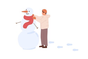 Child making snowman with carrot and twigs, putting scarf on hime. Kid playing outdoors on winter holidays. Boy having fun in wintertime. Flat vector illustration isolated on white background