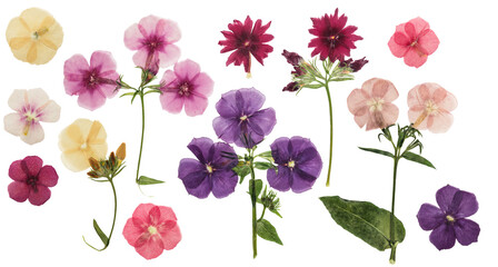Pressed and dried delicate flowers phlox, isolated on white background. For use in scrapbooking,...