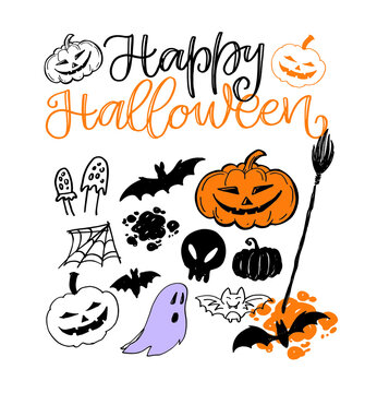 Happy halloween - cute hand drawn doodle lettering label. Halloween party - Trick or Treat. Lettering art for poster, web, banner, t-shirt design, patter, background.