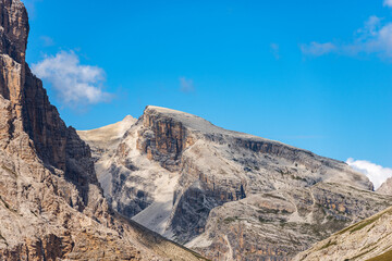 Mountain peak of Croda dei Baranci or Birkenkofel and the Cima Piatta Alta (high flat top), natural park of Tre Cime di Lavaredo or Drei Zinnen, Sesto Dolomites, Trentino-Alto Adige, Italy, Europe.