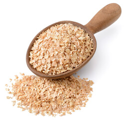 raw wheat bran in the wooden spoon, isolated on the white background