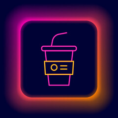 Glowing neon line Paper glass with drinking straw and water icon isolated on black background. Soda drink glass. Fresh cold beverage symbol. Colorful outline concept. Vector