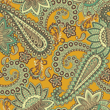 Paisley vector seamless pattern. Fantastic flower, leaves. Textile bohemian print. Batik painting. Vintage