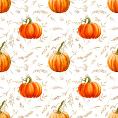Seamless pattern with bright beautiful pumpkins and twigs on a white background. Watercolor illustration.