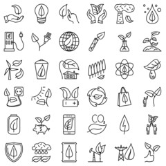 Green energy, environmental sustainability, renewable energy sources. Pollution of nature, ecological problems. A set of vector icons, offline, isolated, 48x48 pixel.