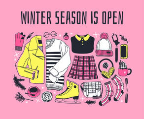 Hand drawn set with Ice Skating Things. Winter Sport vector background. Actual fashion illustration. Original doodle style drawing. Creative ink art work