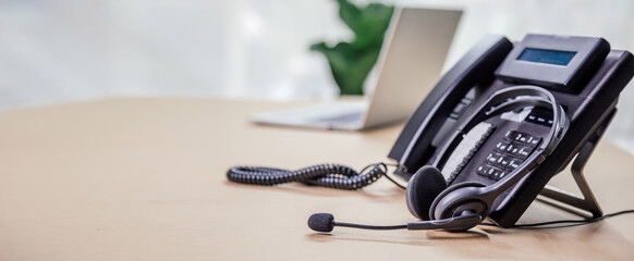 Communication support, call center and customer service help desk. telephone devices with VOIP...