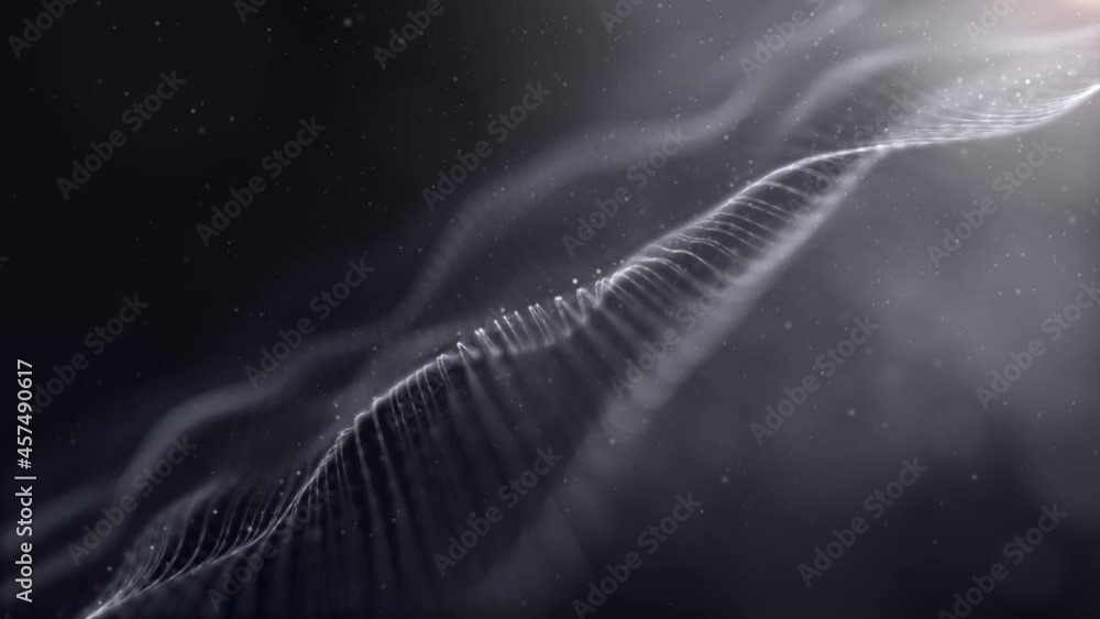 Poster Digitally generated motion graphic mysterious dark energy and evil abstract particles flowing in the cyber Abyss, technology de-focus background