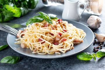 Classic homemade carbonara pasta with pancetta, egg, hard parmesan cheese and cream sauce. Spaghetti alla carbonara.
