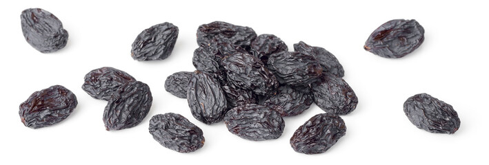 close up of black raisins isolated on white background