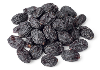 close up of black raisins isolated on white background