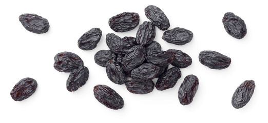 close up of black raisins isolated on white background