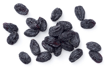 black raisins isolated on the white background, top view