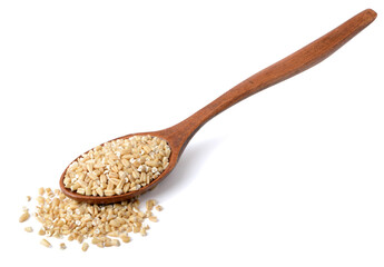 raw steel cut oats in the wooden spoon, isolated on the white background