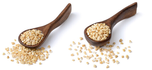 raw steel cut oats in the wooden spoon, isolated on the white background