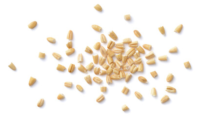 uncooked steel cut oats isolated on the white background, top view