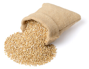 raw steel cut oats in the sack, isolated on the white background