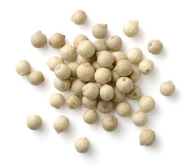 closeup of whole white peppercorns isolated on the white background, top view