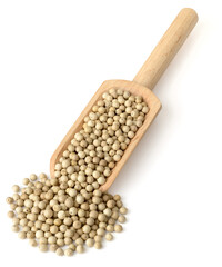 whole white peppercorns in the wooden scoop, isolated on the white background