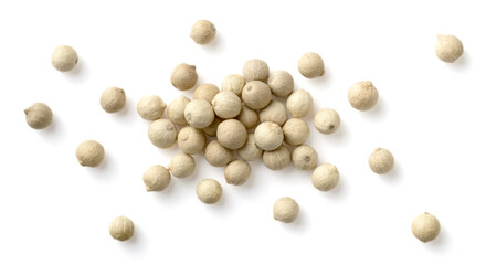 closeup of whole white peppercorns isolated on the white background, top view