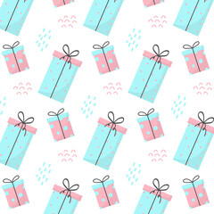 Seamless pattern with gifts. Pattern with blue and pink gifts. The pattern is suitable for prints, posters, fabrics, wrapping paper.