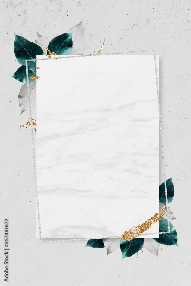 Aufkleber rectangle silver frame with foliage on marble texture background vector