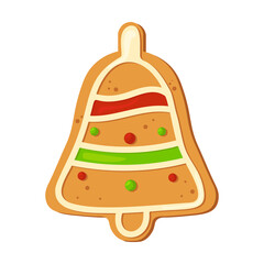 Christmas bell isolated on white background. Christmas gingerbread cookie. Winter holiday food. Happy new year. Merry Christmas holiday. Vector illustration.