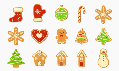 Set with Christmas gingerbread cookies. Winter holiday food. Christmas collection. Gingerbread man, house, christmas tree, snowman, snowflake. Vector illustration isolated on white background.