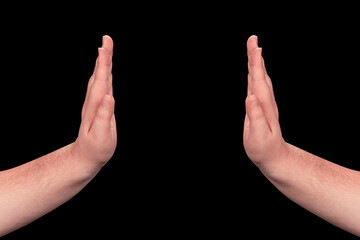 no handshake concept or two man hands giving high five isolated. copy space. black background