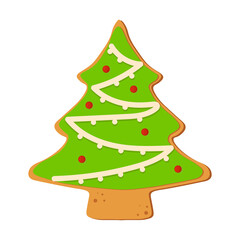 Christmas tree isolated on white background. Christmas gingerbread cookie. Winter holiday food. Happy new year. Merry Christmas holiday. Vector illustration.