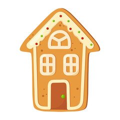 Gingerbread house isolated on white background. Christmas gingerbread cookie. Winter holiday food. Happy new year. Merry Christmas holiday. Vector illustration.