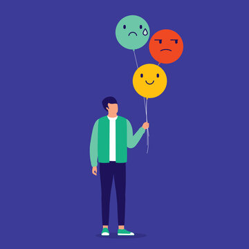 Mixed Feelings And Emotions Concept. Young Man Holding Balloons With Smiley, Angry And Sad Emoji. Positive And Negative Reaction.