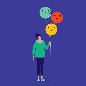 Mixed Feelings And Emotions Concept. Young Woman Holding Balloons With Smiley, Angry And Sad Emoji. Positive And Negative Reaction.