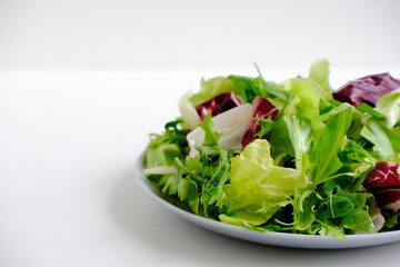 Bright fresh juicy raw salad greens. Escalora salad, frisee, radicchio, arugula salad in a gray plate on a white plate. Diet healthy food. Low-calorie, nutritious meal. Health care. Vitamin bowl. 