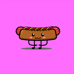 Cute sausage hotdog with mustard and sauce doodle cartoon flat illustration
