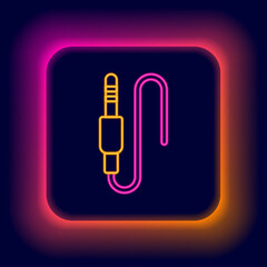 Glowing neon line Audio jack icon isolated on black background. Audio cable for connection sound equipment. Plug wire. Musical instrument. Colorful outline concept. Vector