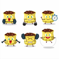 A healthy dried tomato cartoon style trying some tools on Fitness center