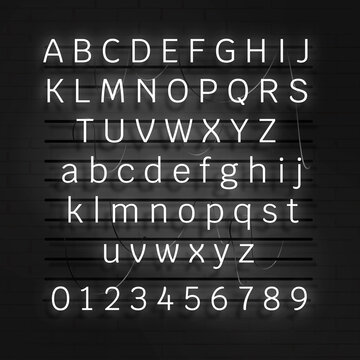 White neon alphabet and number set on a black background vector