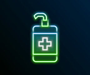 Glowing neon line Hand sanitizer bottle icon isolated on black background. Disinfection concept. Washing gel. Alcohol bottle for hygiene. Colorful outline concept. Vector