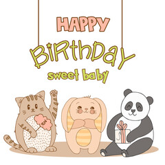 Hand drawn cute animals with lettering. Cat, Panda, Bunny with striped ears and a belly with gift. Best Friends. Happy Birthday. Vector.