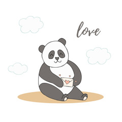 Hand drawn cute animals with lettering. Panda with envelope with heart. Love. White background. Vector.