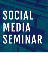 Social media seminar text against modern office in background