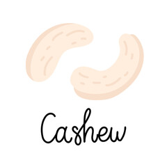 Flat hand-drawn illustration of two cashew nuts with monoline inscription. Colorful vector drawing isolated on white background. 