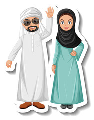 Arab couple cartoon character sticker on white background