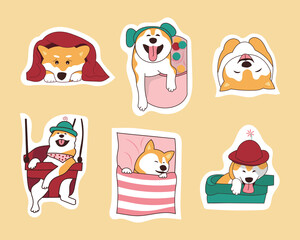 Kawaii Shiba Inu dogs cute and funny in various poses. Hand drawn sticker vector illustration isolated. Kawaii style. Portrait cute dog.