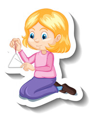 Cartoon character sticker girl playing triangle musical instrument