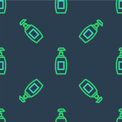 Line Bottle of liquid antibacterial soap with dispenser icon isolated seamless pattern on blue background. Antiseptic. Disinfection, hygiene, skin care. Vector